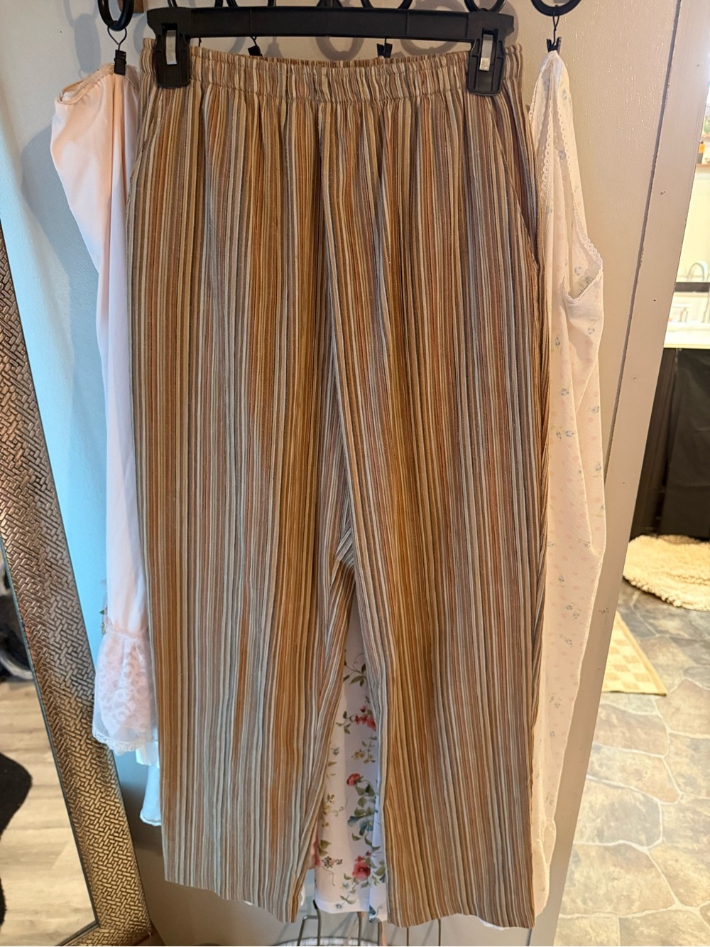 Allison Daley Vertical Stripe Wide-Leg Pants in Tan and Cream